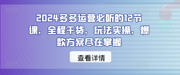 2024多多运营必听的12节课，全程干货，玩法实操，爆款方案尽在掌握-屈原聊项目