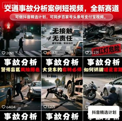 交通事故分析案例短视频，全新赛道，可做抖音精选计划，可同步百家号头条号支付宝视频号平台-屈原聊项目