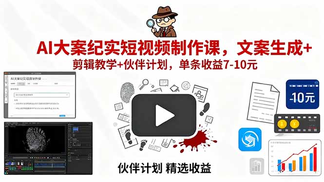 AI大案纪实短视频制作课，文案生成+剪辑教学+伙伴计划，单条收益7-10元-屈原聊项目
