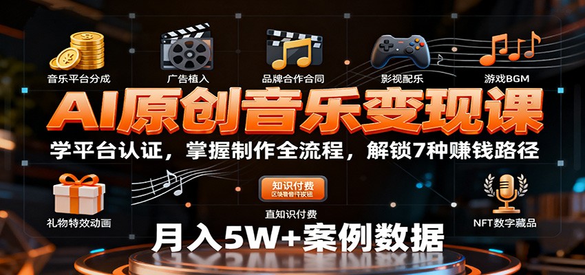 AI原创音乐变现课：学平台认证，掌握制作全流程，解锁7种赚钱路径-屈原聊项目