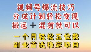 视频号爆流技巧,分成计划轻松变现,搬运 +混剪就可以,一个月轻松五位数稳定项目【揭秘】-屈原聊项目