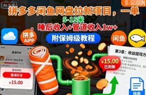 拼多多闲鱼网盘拉新项目，一单5-15米，睡后收入+管道收入1w+(附保姆级教程)-屈原聊项目